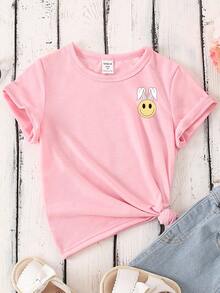 Girls' Casual Cute Pink Cartoon Rabbit,Flower,Heart,Plaid,Lightning Graphic Print Basic Short Sleeve T-Shirt,Summer School Comfortable Daily Wear - Baby Pink - View 2