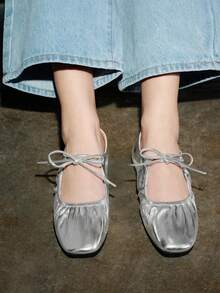 银色女士休闲平底芭蕾平底鞋，低帮一脚蹬鞋，2025春秋新款法式百褶百搭优雅女士正装鞋，舒适软底方头系带平底鞋，舒适软底工作鞋 - 銀色 - 查看 4