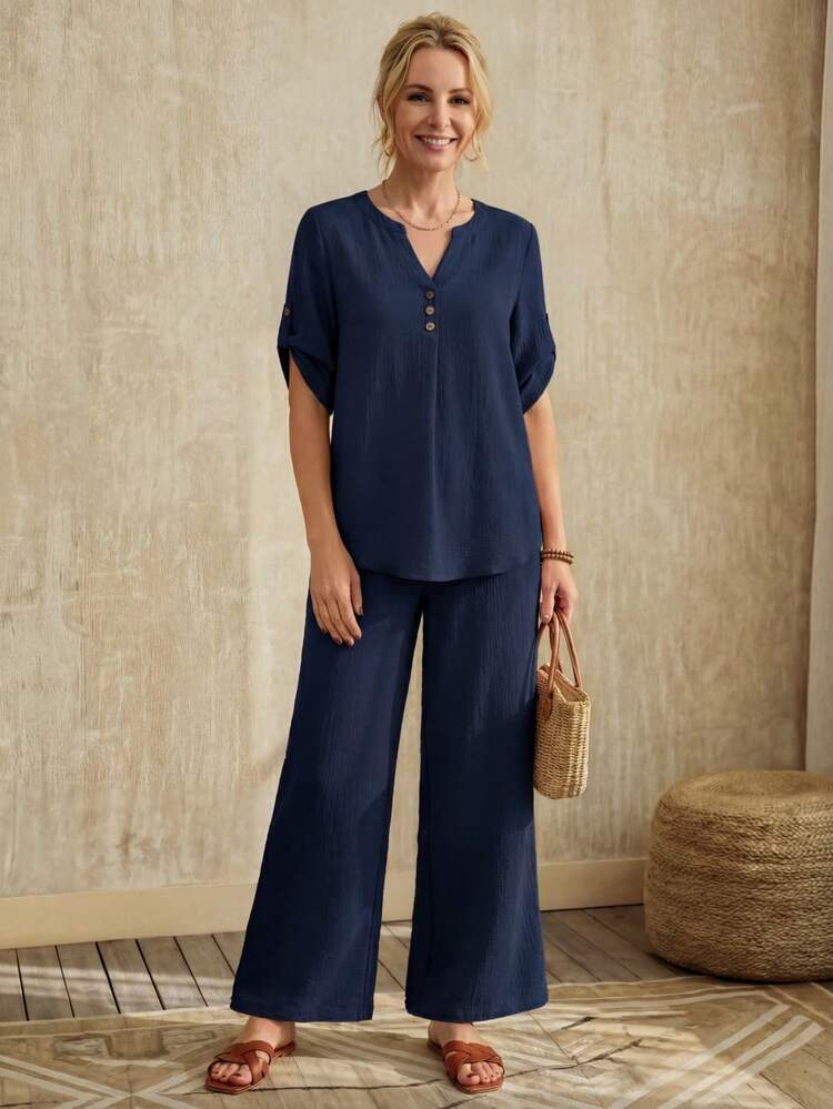 女性用夏のソリッドカラー ノットデザインのVネックロールスリーブシャツとルーズパンツのカジュアルな2点セット