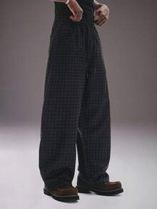 STYNVO Quần ống đứng dáng rộng, cạp chun, túi xéo, họa tiết kẻ caro, quần nam. - màu đen - Xem 1