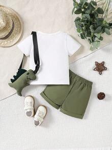 Conjunto de verano para bebé niño con camiseta casual de mangas cortas y pantalones cortos con estampado de dinosaurios para primavera/verano - Verde militar - Ver 2