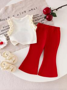 女童华夫格荷叶边无袖樱桃刺绣背心和喇叭裤套装，可爱休闲夏季装扮 - 杏色 - 查看 2