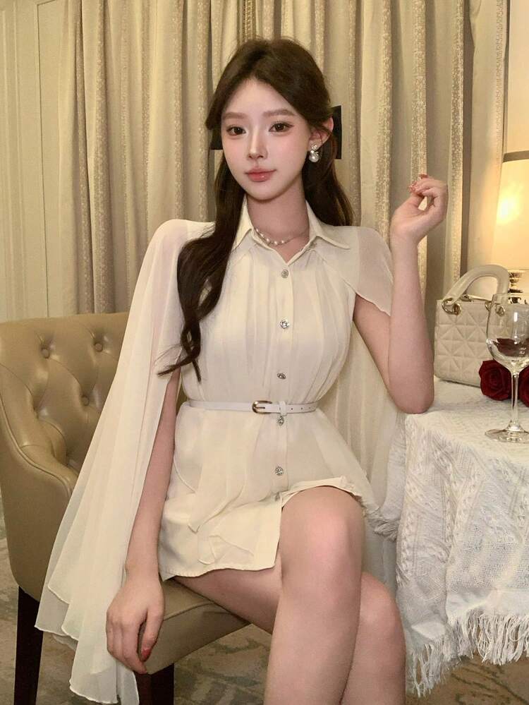 Spring & Summer White Chiffon Blouse, 2 In 1 Shawl Collar Design, Elegant Casual Vacation Slim Fit Shirt, Suitable For Dates, Weddings, Parties, Long Sleeve Women Top
