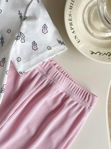 SHEIN Playful Pals 两件套女婴夏季新款时尚休闲上衣，蝴蝶结装饰，搭配黑色喇叭裤，修身显高。 - 粉色 - 查看 4