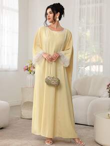 Al Najma Spring/Summer Boat Neck Sequin Embellished Batwing Sleeve Jalabiya Dress - Yellow - View 5