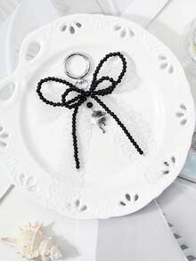 ROMWE Kawaii 1 Acessório Personalizado Estilo Gótico Casual Retrô Y2k, Feito à Mão com Contas Pretas de Resina Redonda, Renda Branca Multicamadas, Laço, Strass Líquido Cercando Pingente de Amor, Anel Simples, Chaveiro, Adequado para Uso Diário de Meninas e Mulheres, Presente de Feriado - Preto e Branco-21 - Visão 9