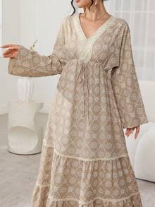 Al Najma Middle Eastern Style Vacation Woven Strap Puff Print Slimming V-Neck Waist Maxi Dress, Turkish Long Robe - Khaki - View 1