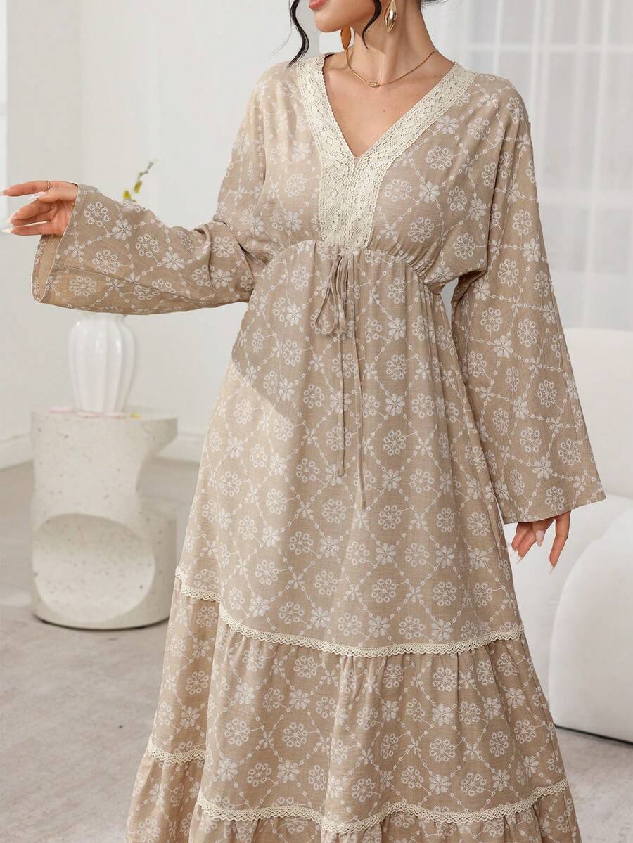 Al Najma Middle Eastern Style Vacation Woven Strap Puff Print Slimming V-Neck Waist Maxi Dress, Turkish Long Robe - Khaki - View 1