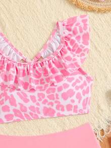 SHEIN Tween Girls Bikini Sets,Cute Pink Summer Beach Holiday Leopard Print Knit Lotus Edge Crossed Back Straps Two-Piece Camisole Top Triangle Swimwear - Pink - View 5