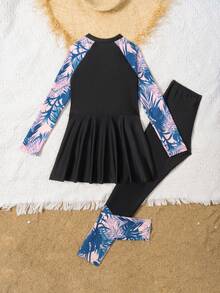 SHEIN 少女比基尼套装，针织吊带比基尼上衣搭配长袖印花拼接黑色裙子和拉链泳衣上装，以及印花拼接长裤，两件套泳装，时尚优雅的欧美风格，适合游泳、度假和海滩穿着。 - 彩色 - 查看 3