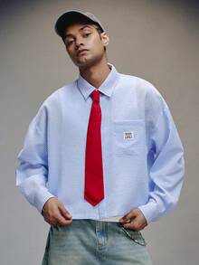 PAVTROS Men's Casual Long Sleeve Striped Print Shirt With Tie - Blue and White - View 5