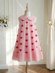 Đầm bé gái kiểu vintage thanh lịch, ngọt ngào, dễ thương, cổ Peter Pan, không tay, dáng chữ A, họa tiết trái tim, phối màu tương phản, thích hợp làm quà tặng ngày Valentine, sinh nhật, mùa xuân/hè. - Hồng - Xem 9