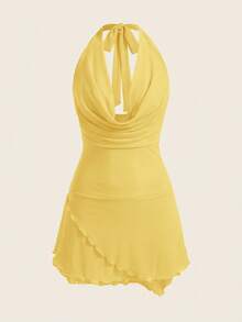 Opulessa Women's Yellow Summer 70s Party Knitted Mesh See-Through Dress,Draped Neck Halter Strap Open Back Design,Bachelorette Beach Vacation Outfits - Light Yellow - View 3