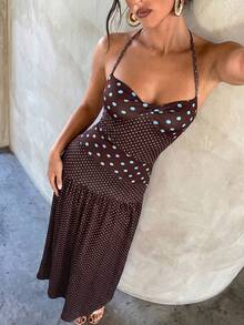 Aloruh Women's Retro Polka Dot Backless Belted Maxi Dress, Women's Beach Vacation Dress, Casual Polka Dot Print Dress, Women's Vacation Outfit, Holiday Wear, Casual Maxi Dress, Vacation Dress - Brown - View 6