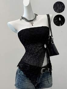 SHEIN EZwear 2件套音乐节新款黑色和棕色针织网眼抽绳抹胸上衣，春夏无肩带上衣哥特式上衣无肩带衬衫女士西部上衣束身衣女士上衣，夏季上衣批发服装女士夏季上衣女士束身衣女士上衣 - 彩色 - 查看 6