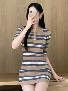 DAZY Striped Polo Collar Bodycon Dress, Waist Cinched Slim Fit Summer Knit Dress For Women - Khaki - View 4