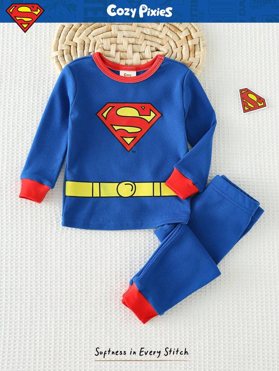 SUPERMAN X Cozy Pixies 2pcs Baby Boy Snug Fit Pajama Set, Soft Knit Crew Neck Long Sleeve Top And Elastic Waist Long Pants With Superhero Print - Blue - View 1