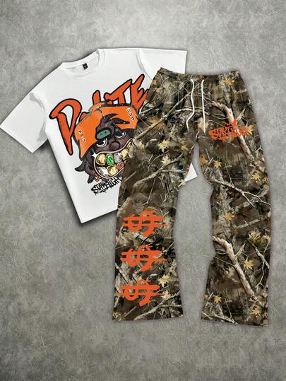 Manfinity ZONE917 大码宽松街头风迷彩、宝石、卡通肖像、人脸、钞票印花短袖T恤套装