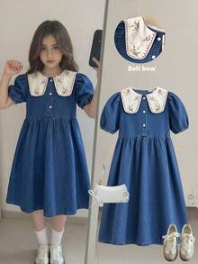 SHEIN Thời trang nữ tuổi teen phong cách thường ngày Y2K vintage cá tính đường phố mùa xuân hè, họa tiết hoa nhẹ nhàng, thêu cổ Peter Pan phối màu tương phản, chất liệu denim xanh dáng rộng, thích hợp mặc hàng ngày và dự tiệc mùa xuân hè, trang phục đường phố. - Màu xanh lam - Xem 6