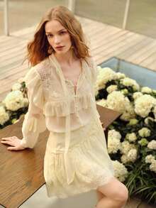 MOTF PREMIUM WOMEN'S LACE PATCHWORK TIE COLLAR LONG SLEEVE BLOUSE, SPRING/SUMMER - Apricot - View 2