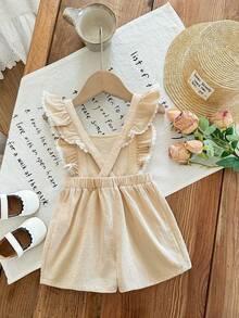 SHEIN Babygirl Casual Vacation Camel Floral Print Ruffle Hem Romper - Apricot - View 2