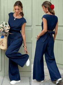 Serisse Women's Round Neck Dolman Sleeve Top And Wide Leg Jeans Casual Outfit Summer - Blue - View 1