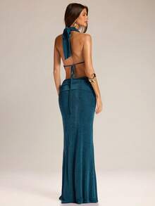 SHEIN BAE Women's Peacock Blue Halter Deep V Waist Hollow Out Fish Tail Dress, Spring/Summer Sexy Blue Dress Women Blue Dress For Women Plunge Dress - Blue - View 2