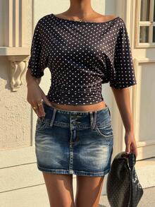 Muchica 黑色底白色波点女士修身短袖T恤 - 黑色 - 查看 1