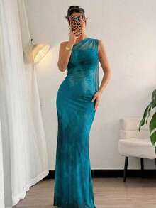 Firerie 女士优雅浪漫时尚通勤性感优雅不对称肩部修身长裙，适合派对、海滩度假、返校、浪漫约会、婚礼季、生日、复活节、春夏穿着 - 藍色 - 查看 6