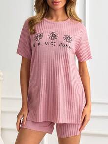 SHEIN 女士纯棉两件套罗纹针织粉色撞色字母圆领短袖衬衫和短裤家居服舒适休闲睡衣套装 - 粉色 - 查看 3