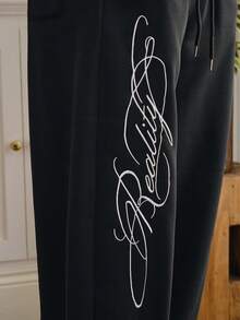 SWAVVY 男士休闲宽松黑色刺绣运动裤，松紧腰带，春秋季款 - 黑色 - 查看 5