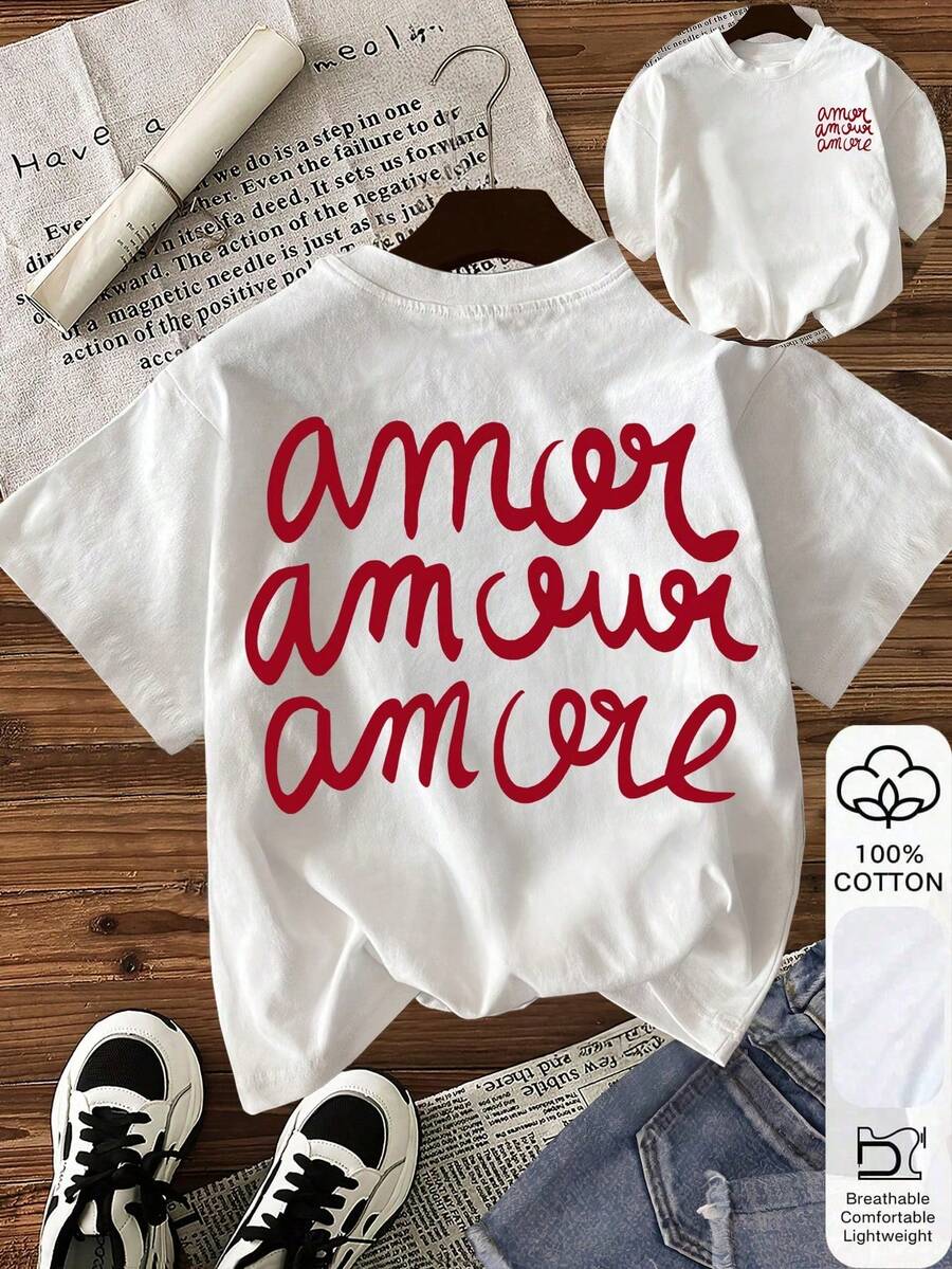 SHEIN Women's Casual Letter Print Round Neck Short Sleeve T-Shirt - White - View 1