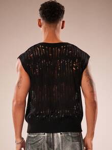 FeverCity Solid Color Crew Neck Sleeveless Hollow-Out Knit Sweater, Versatile For Summer - Black - View 5