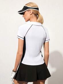 Gameset SHEIN Sport 女士简约撞色插肩袖高尔夫Polo衫，夏季 - 黑與白 - 查看 2