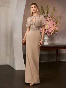 MOTF Soiréza Áo choàng tay ngắn xuyên thấu thêu đính cườm và sequin tinh xảo dành cho nữ - Lý tưởng cho đám cưới, tiệc tối trang trọng, sự kiện thảm đỏ và các buổi tiếp đón chính thức. - Màu be - Xem 7
