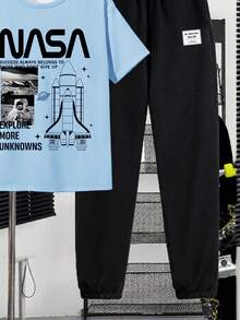 SHEIN 青少年男孩Y2K休闲简约宇航员运动宽松舒适时尚圆领短袖T恤和裤子套装，适合春夏日常休闲穿着 - 白色 - 查看 5