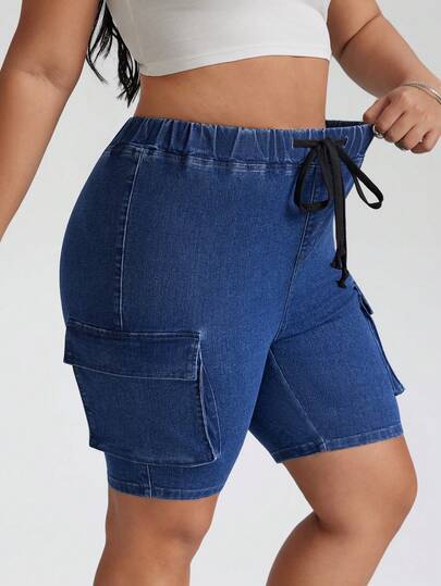 SHEIN CURVE+ Plus Size Solid Color Elastic Waist Drawstring Casual Denim Shorts With Pockets Summer Outfits Spring Clothes Women Easter Shorts Beach Outfit Casual Shorts For Women Vacation Outfits Women  Holiday Outfits Womens Plus Size Drawstring Waist Denim Shorts With Cargo Pockets Casual Blue Jean Shorts For Women