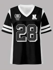 Rovax Women's Loose V-Neck T-Shirt With Numeric And Striped Print, Sporty Style - Multicolor - View 3