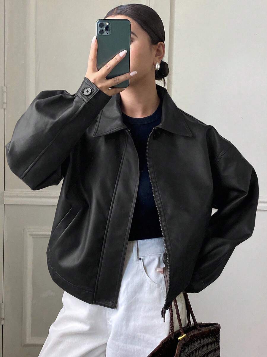DAZY Chaqueta regular de mujer de PU gruesa, suelta y casual, nueva para otoño/invierno - Negro - Ver 1