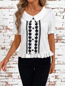 SHEIN Clasi 女士纯色前扣短袖休闲上衣，日常穿着，外出上衣，夏季 - 白色 - 查看 5