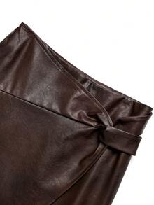 Ellevyn Chân váy nữ bằng da PU, vạt bất đối xứng, cạp xoắn. - màu nâu - Xem 5