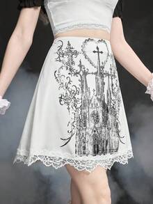 ROMWE Goth 深色修道院印花撞色蕾丝边缎面中长裙 - 白色 - 查看 5