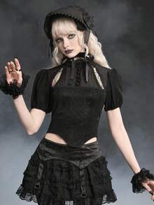 ROMWE Gothic Style Spider Web Lace Puff Sleeve Fitted Blouse - Black - View 5