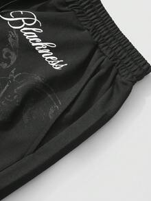 ROMWE MEN Men's Casual Fashion Street Cross & Letter Print Drawstring Waist Shorts, Summer - Black - View 5