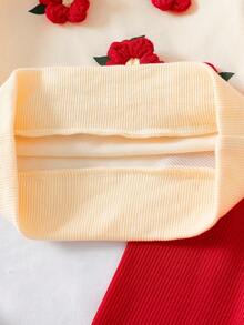 SHEIN Bộ áo nỉ và quần dài màu hồng có gân cho bé gái sơ sinh, kiểu dáng thường ngày, họa tiết hoa 3D dễ thương. - Đỏ - Xem 8