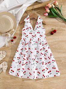 Emery Rose Kids 少女樱桃印花休闲梭织衬衫裙 - 白色 - 查看 6