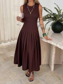 Livesso 优雅褶裥腰身中长连衣裙，适合夏季办公室和通勤穿着 - 咖啡棕 - 查看 1