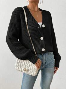 EURMUSE Solid Color V-Neck Dropped Shoulder Front Button Ribbed Cardigan - Black - View 4
