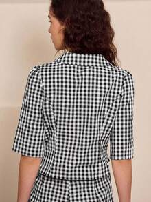 lacRébo Chaqueta de manga corta con botones y cuello redondo de cuadros verdes, estilo vintage. - Negro - View 2