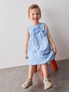 Maija Kids Young Girl Blue Embroidered Bow Decor Round Neck Sleeveless Casual Dress,Kids - Blue - View 5